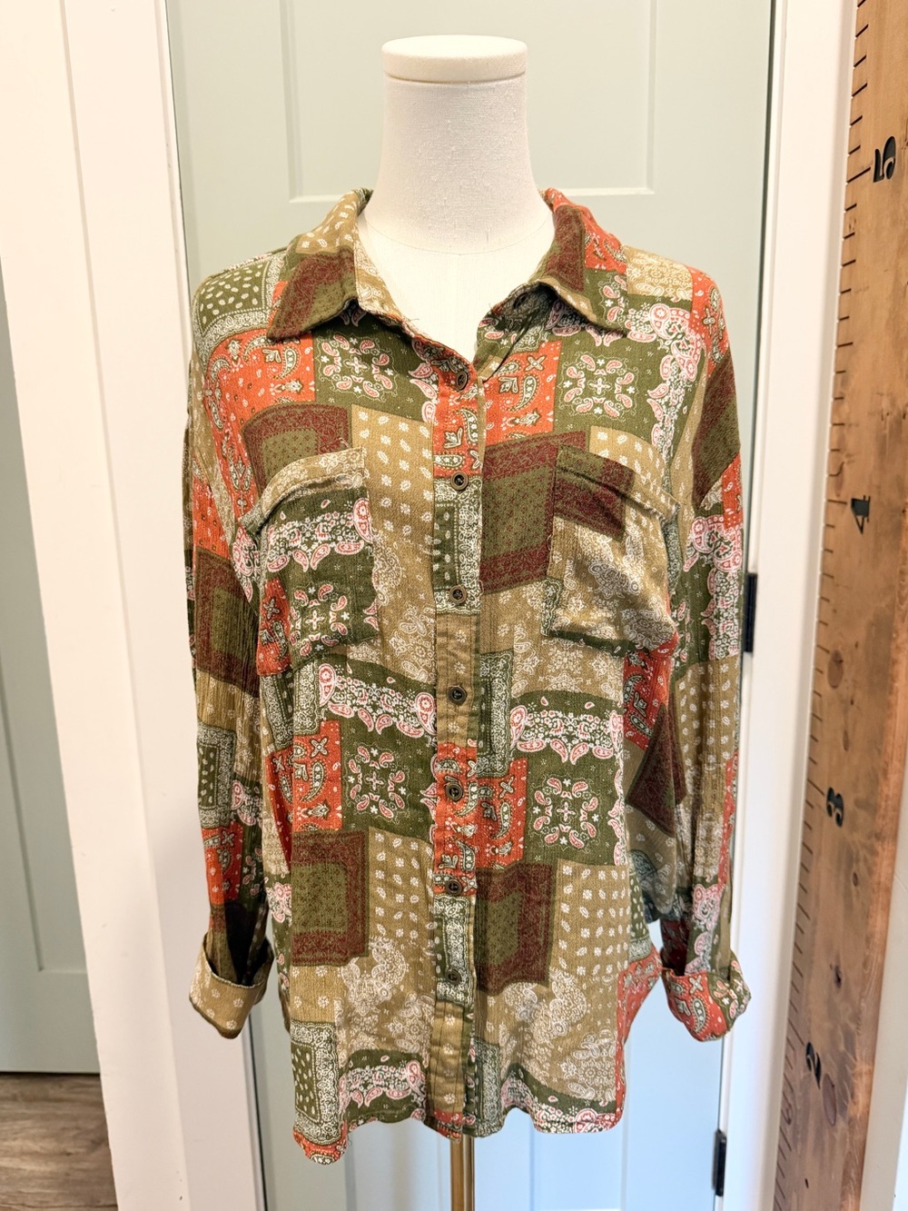 BKE Bandana Boyfriend Button Shirt Forestcore Boho Hippie Festival Medium